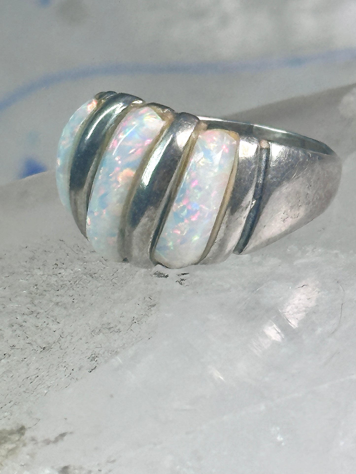 Vintage Fluted Dome Ring Opal Lab? band Ott size 7.5 sterling silver women girls