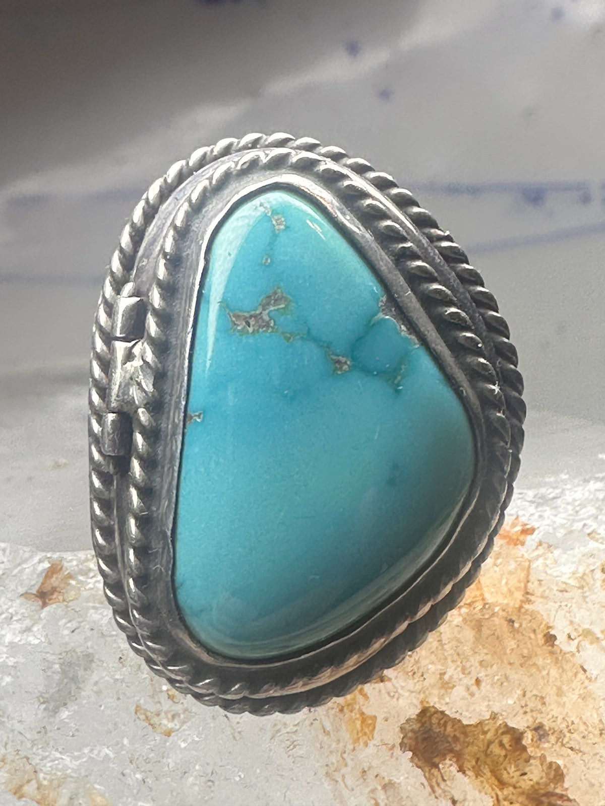 Vintage Sterling Silver Heavy Navajo Turquoise Poison Locket Box Ring Size 6 925