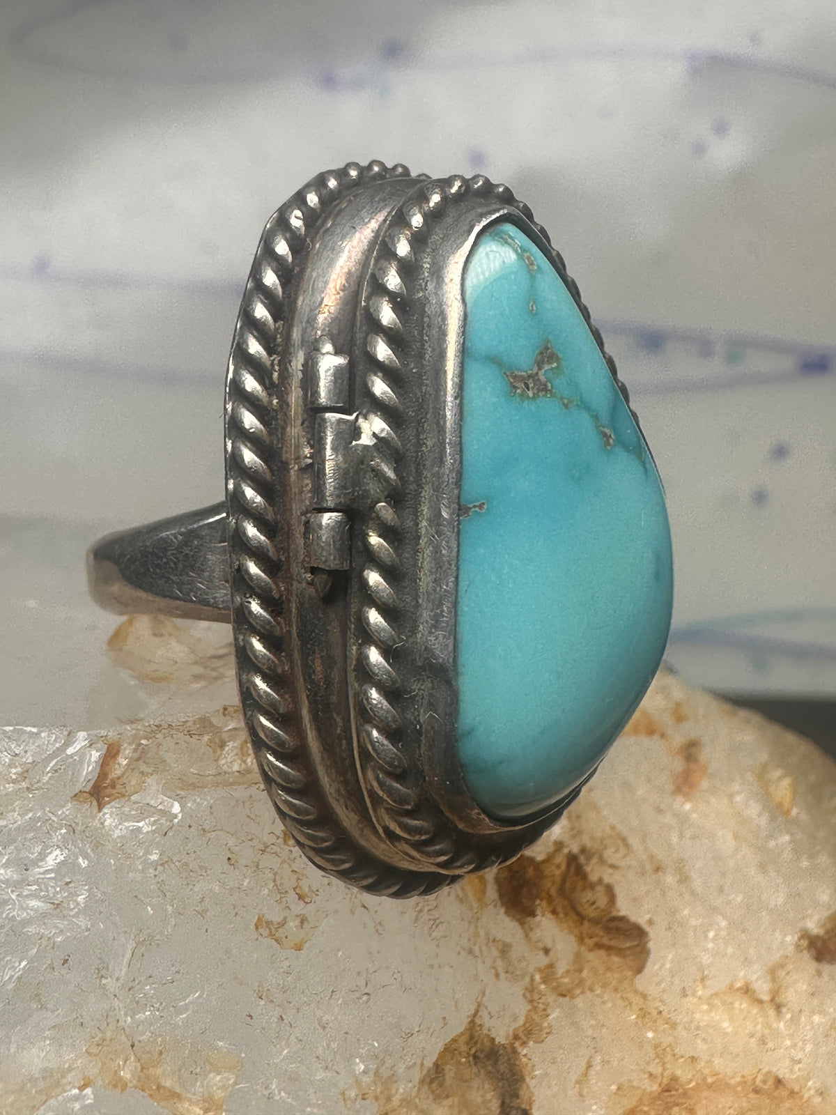Vintage Sterling Silver Heavy Navajo Turquoise Poison Locket Box Ring Size 6 925