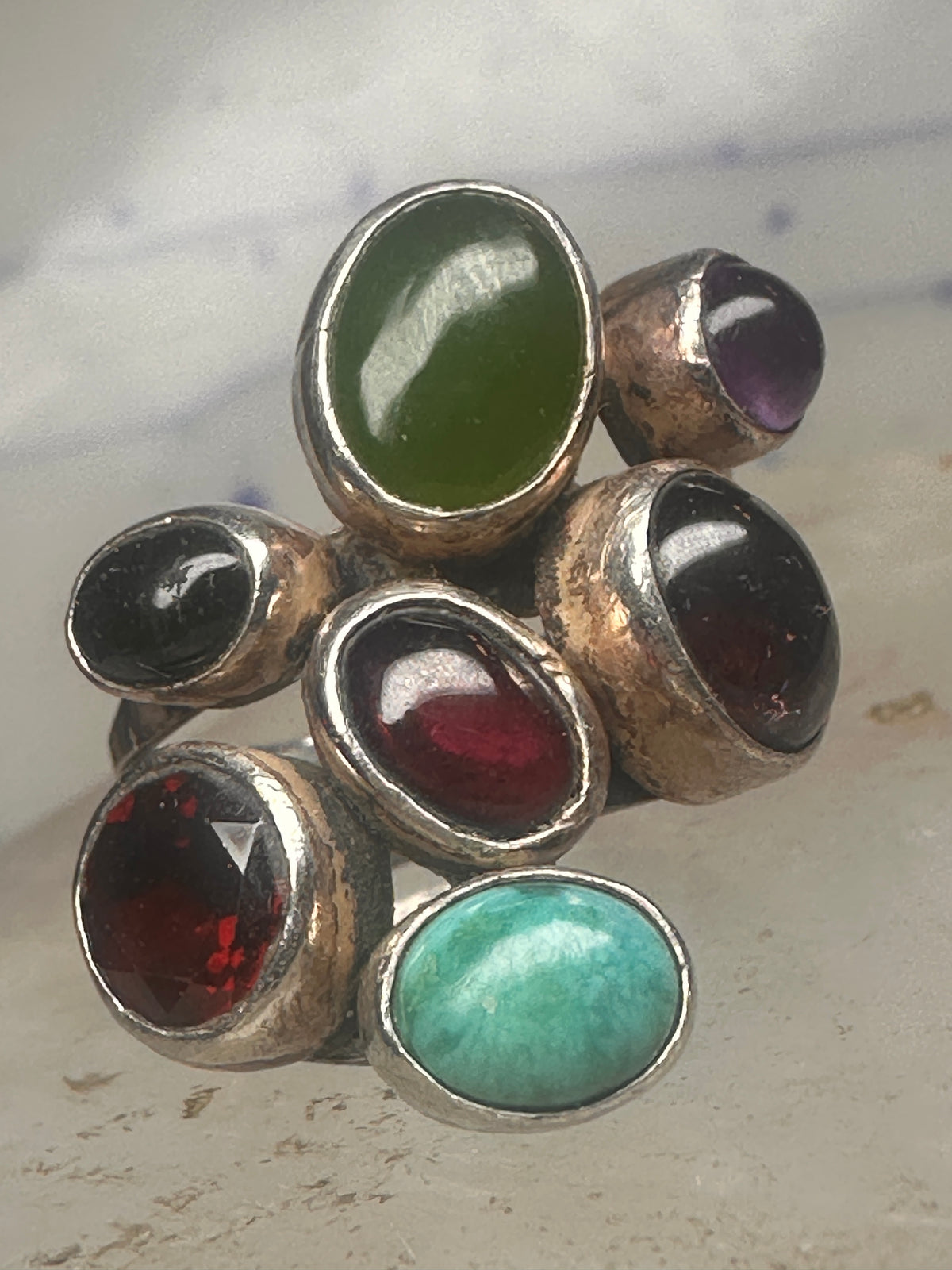 Vintage Nakai Style Sterling Silver Multi Gemstone Cluster Jade Garnet Amethyst Turquoise Ring Size 5.75 925