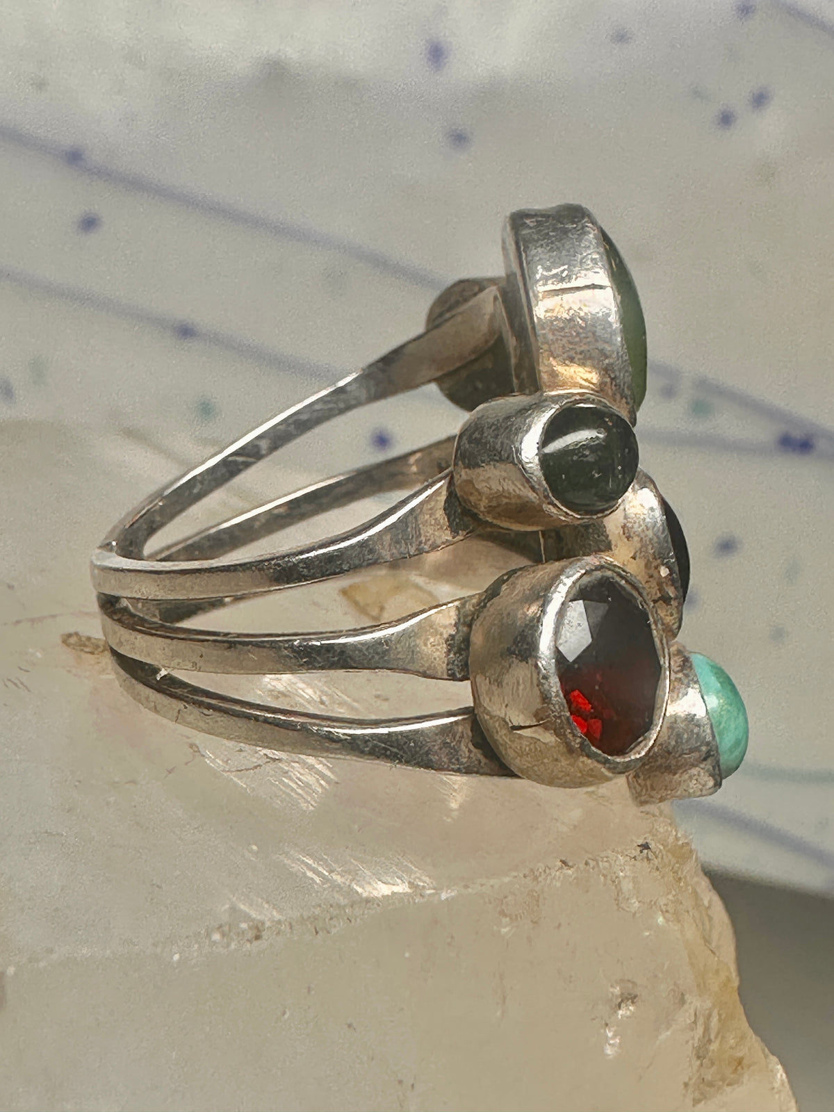 Vintage Nakai Style Sterling Silver Multi Gemstone Cluster Jade Garnet Amethyst Turquoise Ring Size 5.75 925