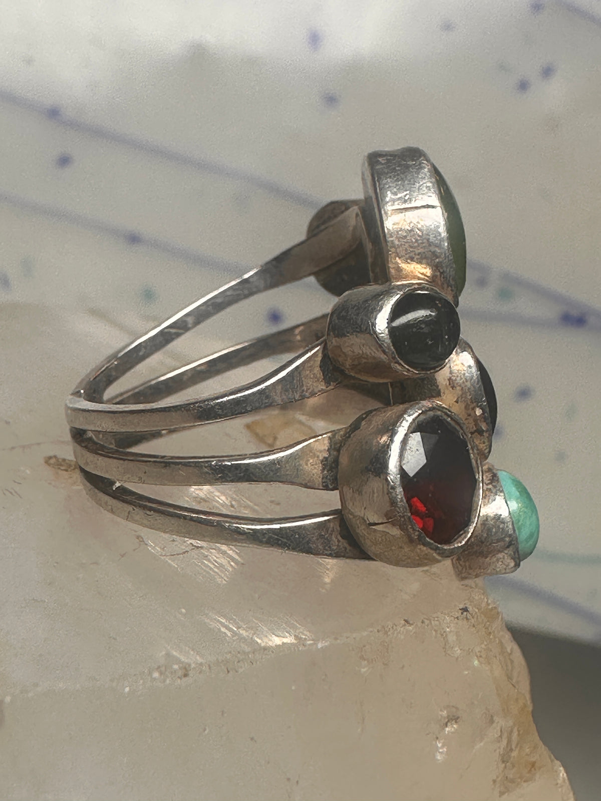 Vintage Nakai Style Sterling Silver Multi Gemstone Cluster Jade Garnet Amethyst Turquoise Ring Size 5.75 925