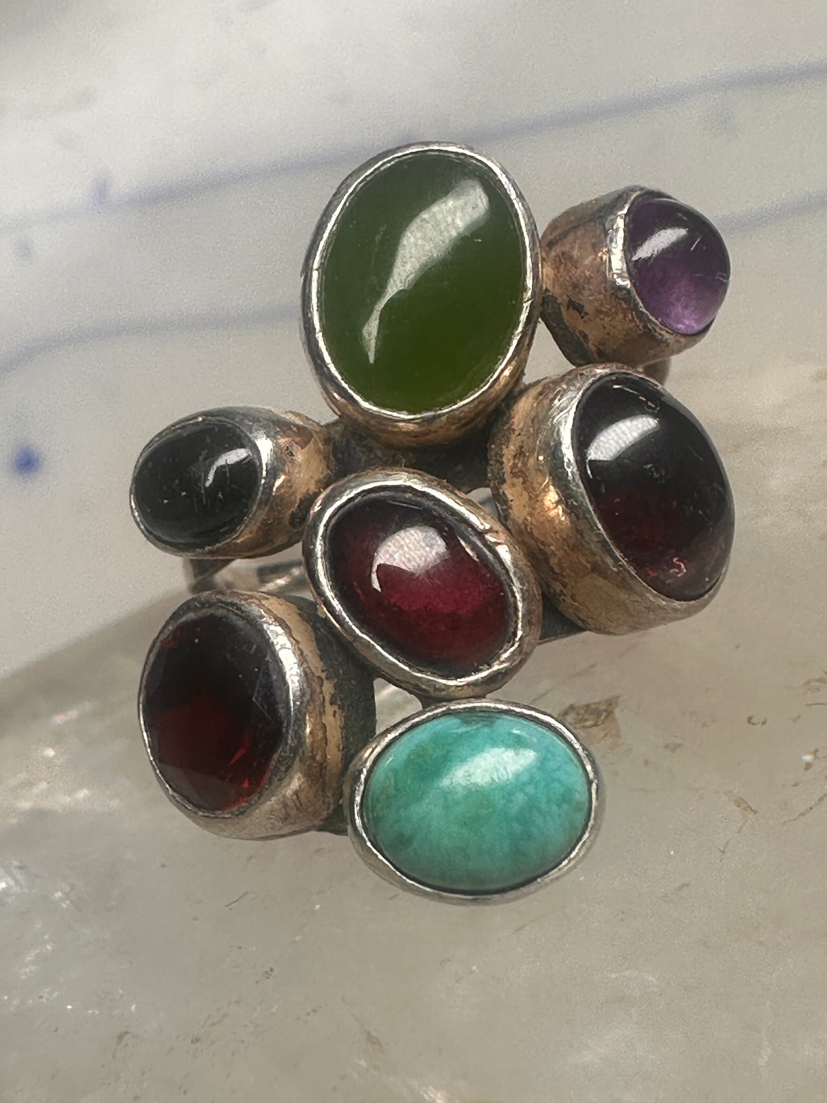 Vintage Nakai Style Sterling Silver Multi Gemstone Cluster Jade Garnet Amethyst Turquoise Ring Size 5.75 925