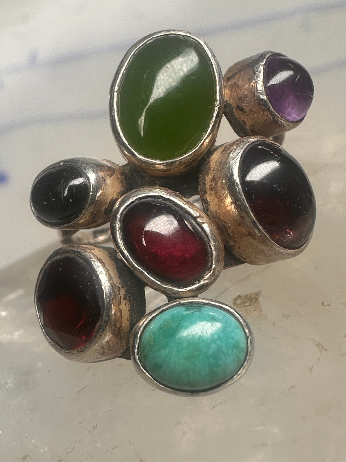 Vintage Nakai Style Sterling Silver Multi Gemstone Cluster Jade Garnet Amethyst Turquoise Ring Size 5.75 925