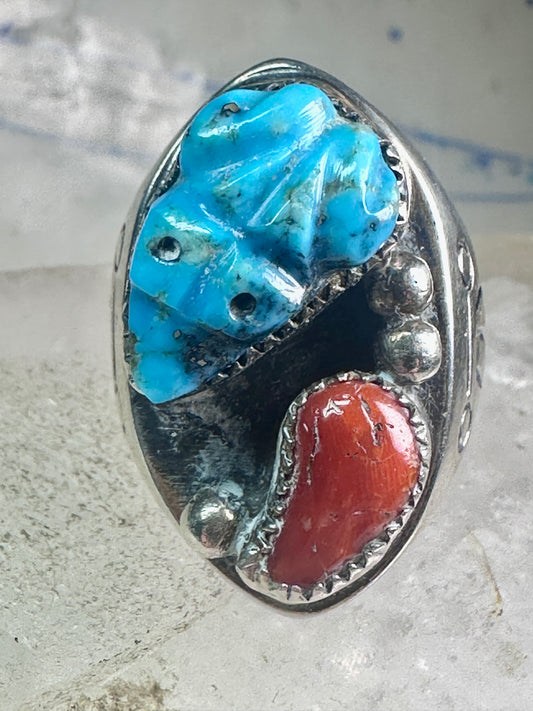 Vintage Frog Ring Turquoise Coral Navajo size 10.50 sterling silver women men