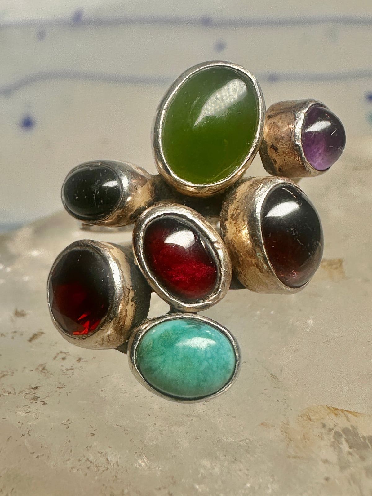 Vintage Nakai Style Sterling Silver Multi Gemstone Cluster Jade Garnet Amethyst Turquoise Ring Size 5.75 925