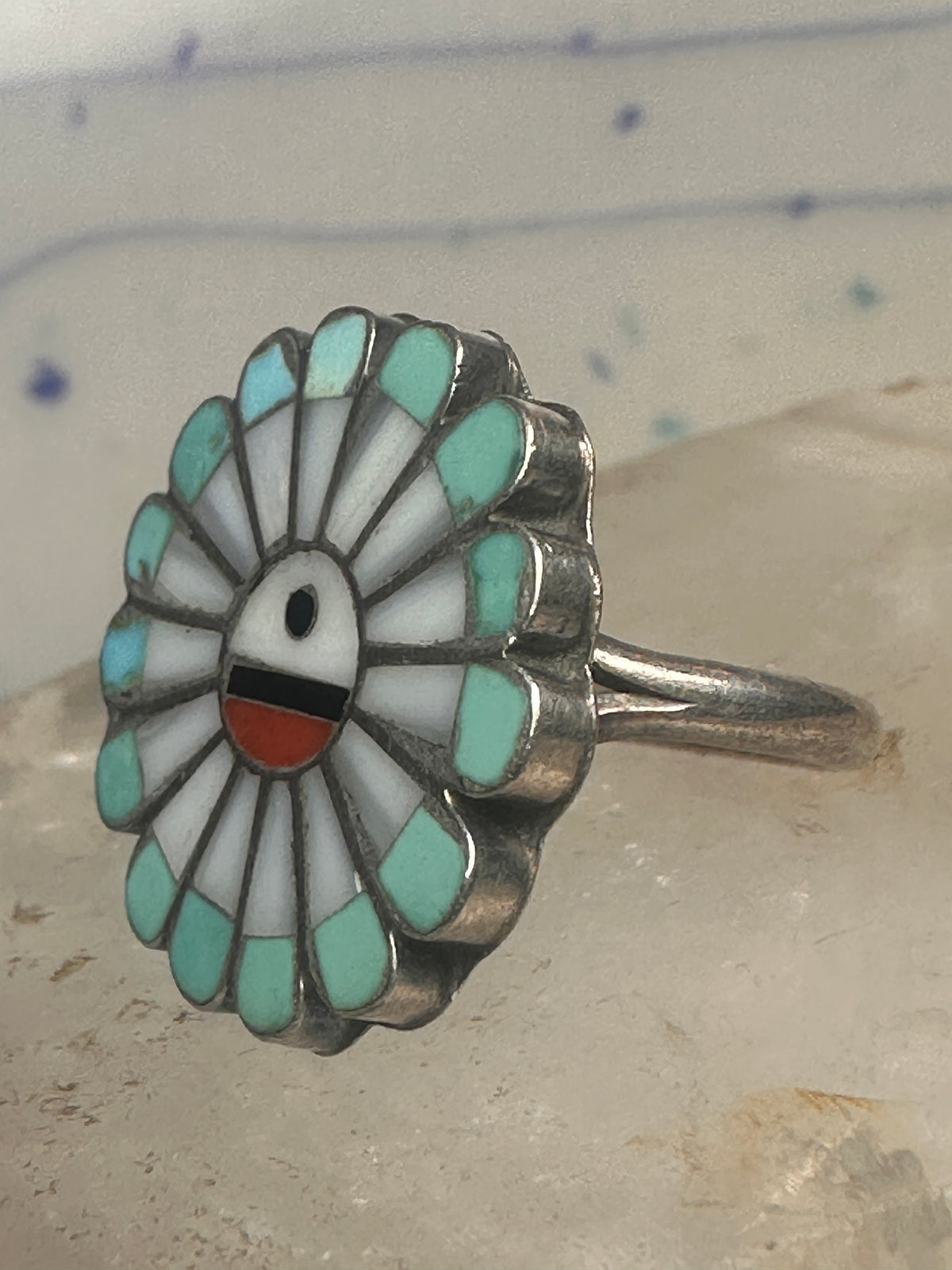 Vintage Southwestern Zuni Style Multi Stone Sunface Mosaic Inlay Ring Size 6 925