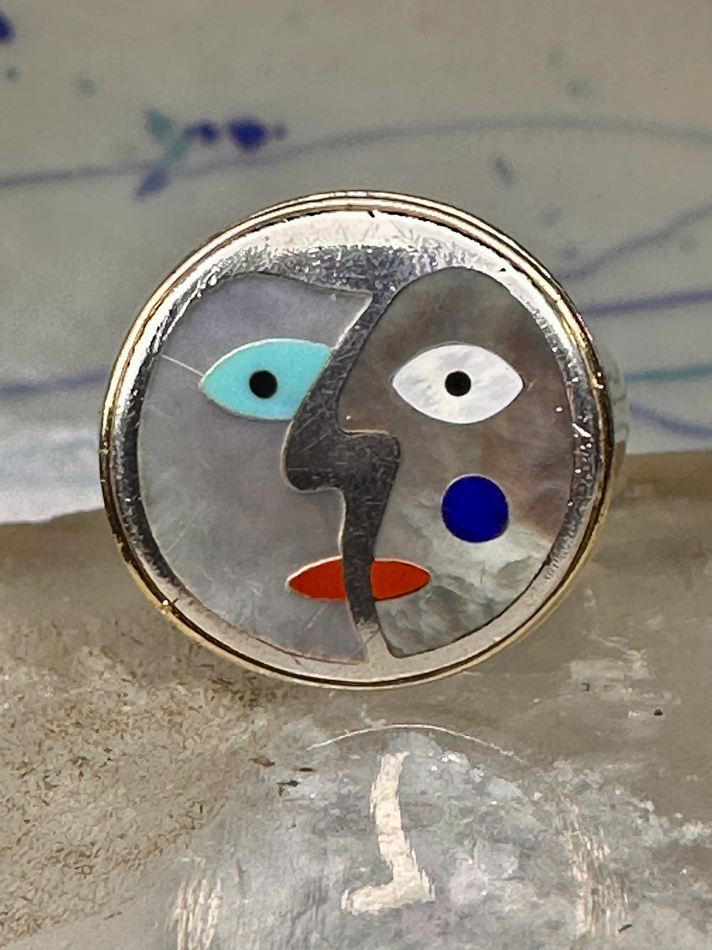 Face ring Eric Grossbardt size 7.50 sterling silver 18K Picasso design women