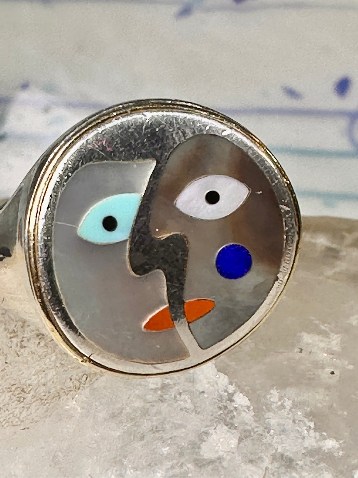 Face ring Eric Grossbardt size 7.50 sterling silver 18K Picasso design women