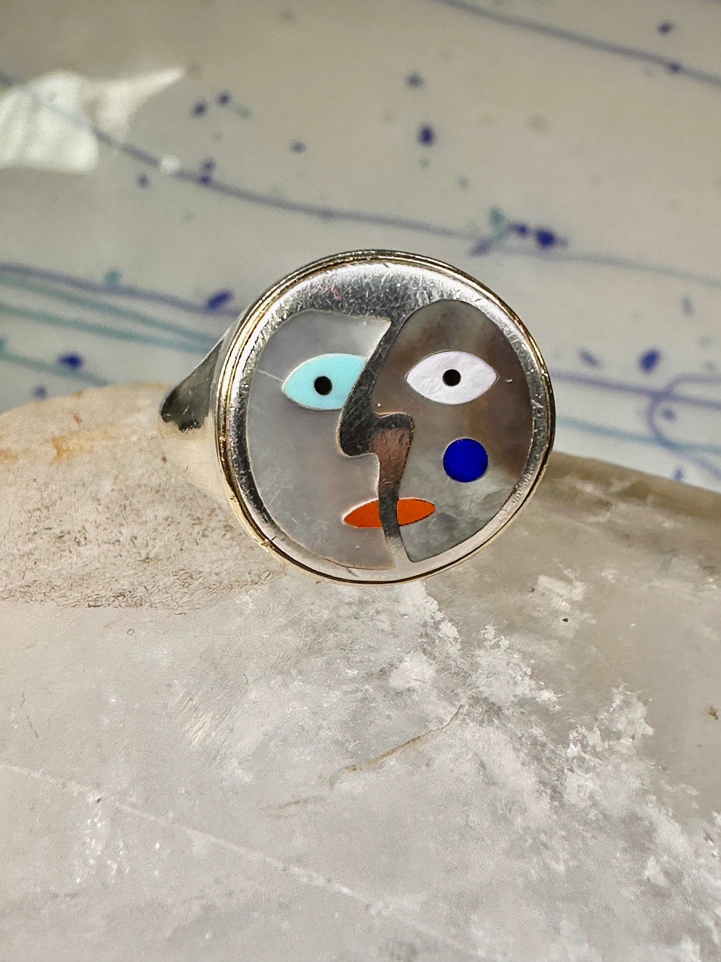 Face ring Eric Grossbardt size 7.50 sterling silver 18K Picasso design women