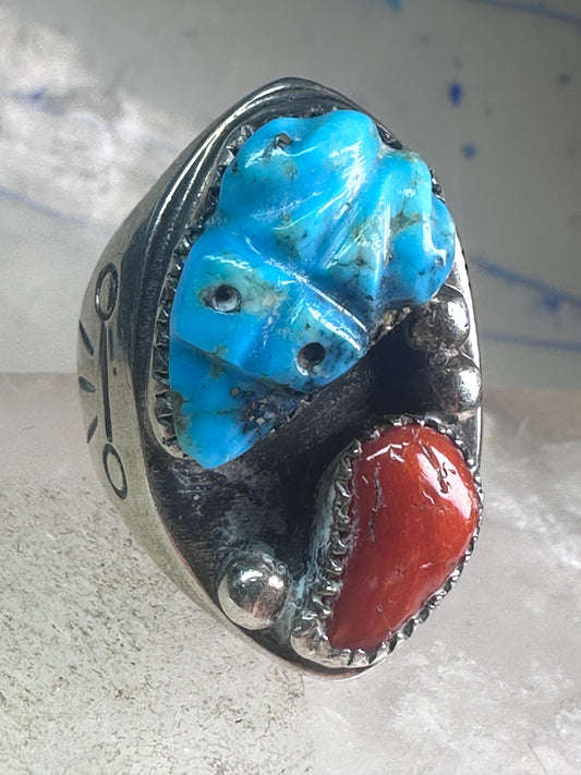 Vintage Frog Ring Turquoise Coral Navajo size 10.50 sterling silver women men