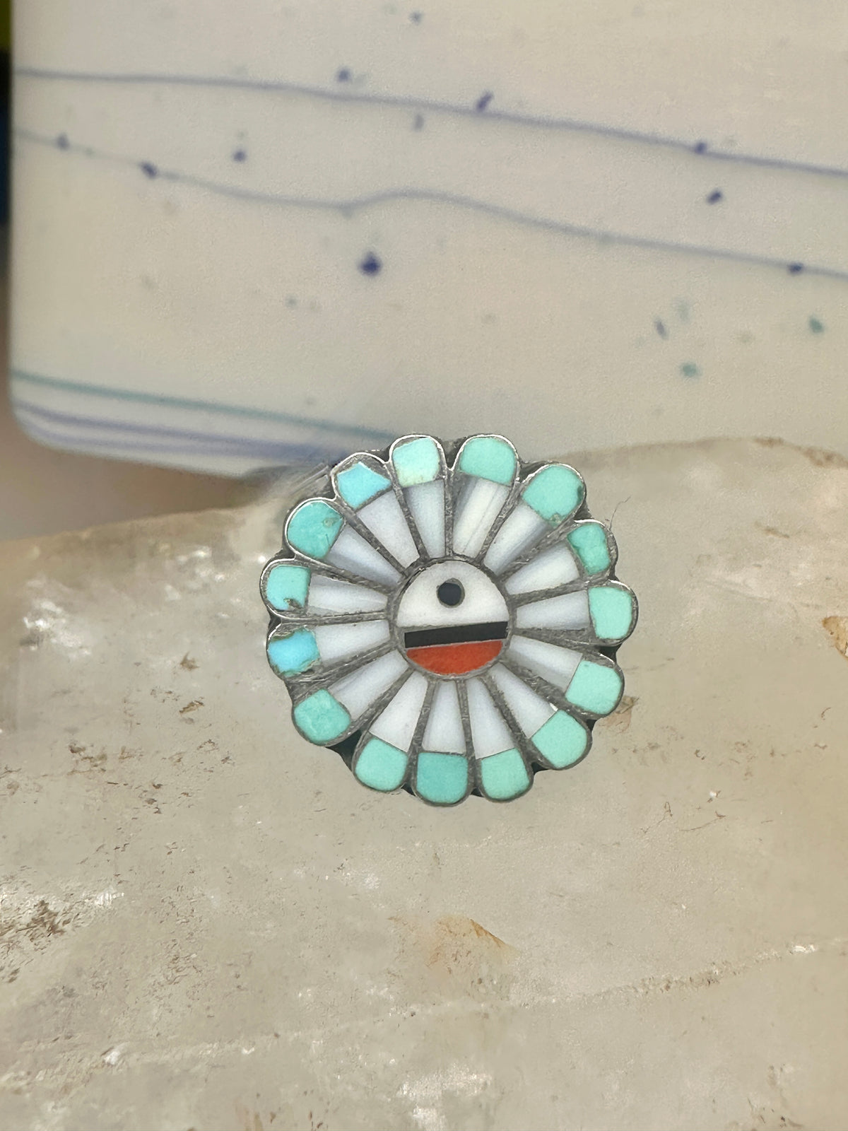 Vintage Southwestern Zuni Style Multi Stone Sunface Mosaic Inlay Ring Size 6 925