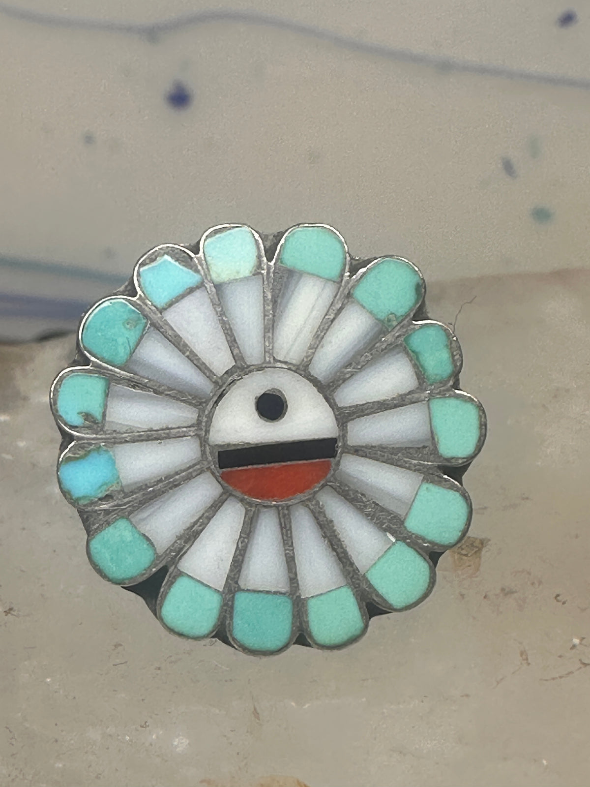 Vintage Southwestern Zuni Style Multi Stone Sunface Mosaic Inlay Ring Size 6 925