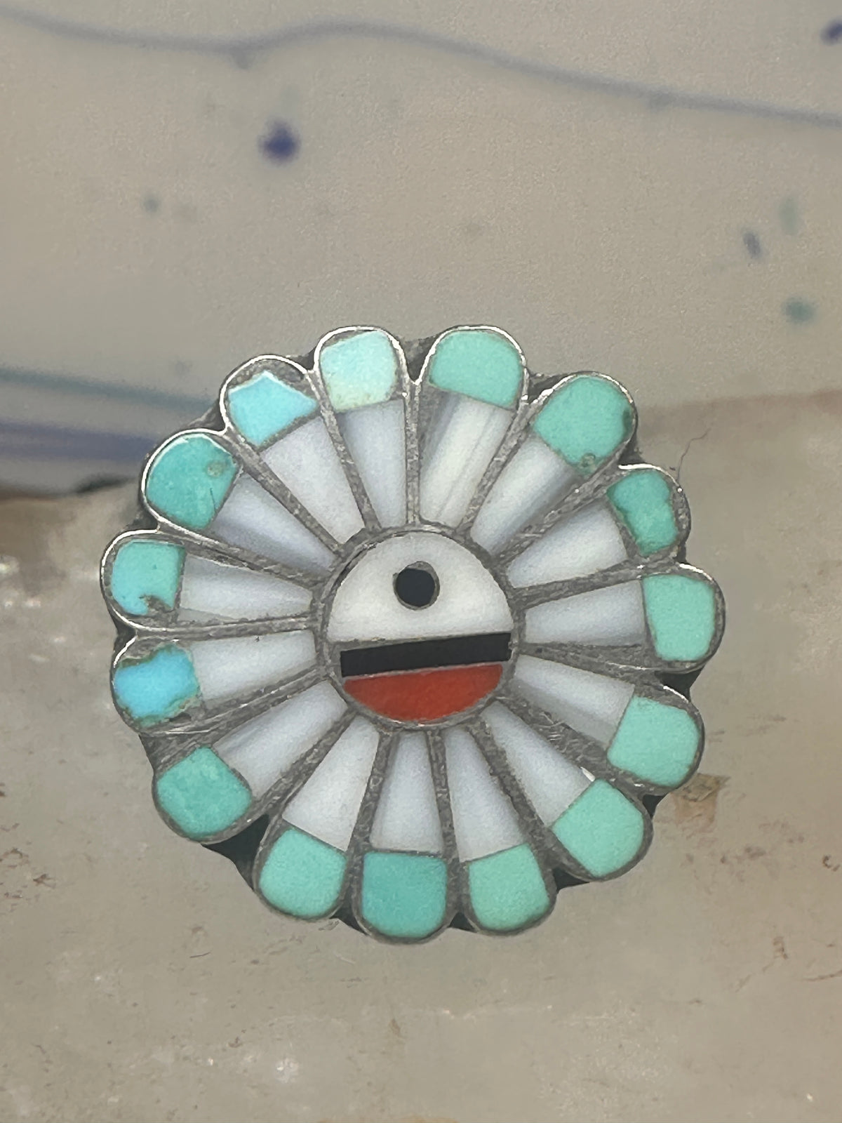 Vintage Southwestern Zuni Style Multi Stone Sunface Mosaic Inlay Ring Size 6 925