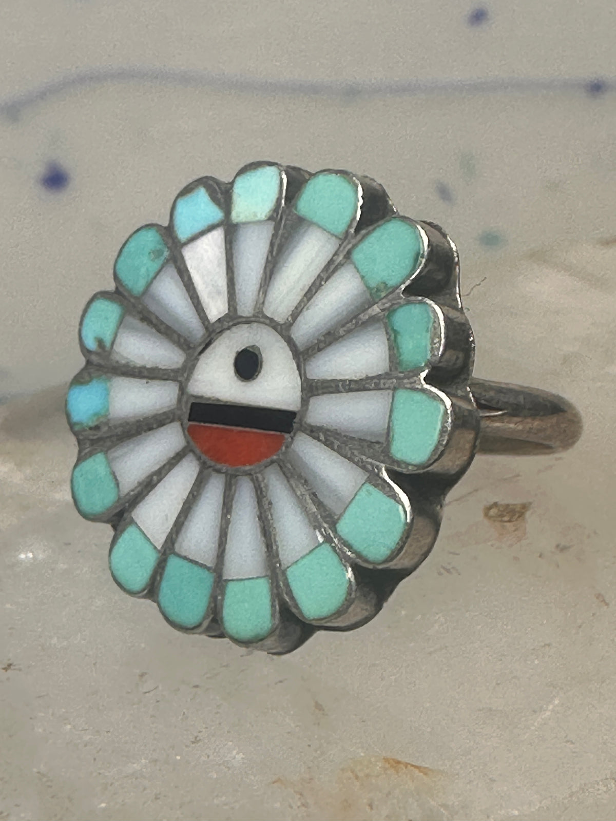 Vintage Southwestern Zuni Style Multi Stone Sunface Mosaic Inlay Ring Size 6 925