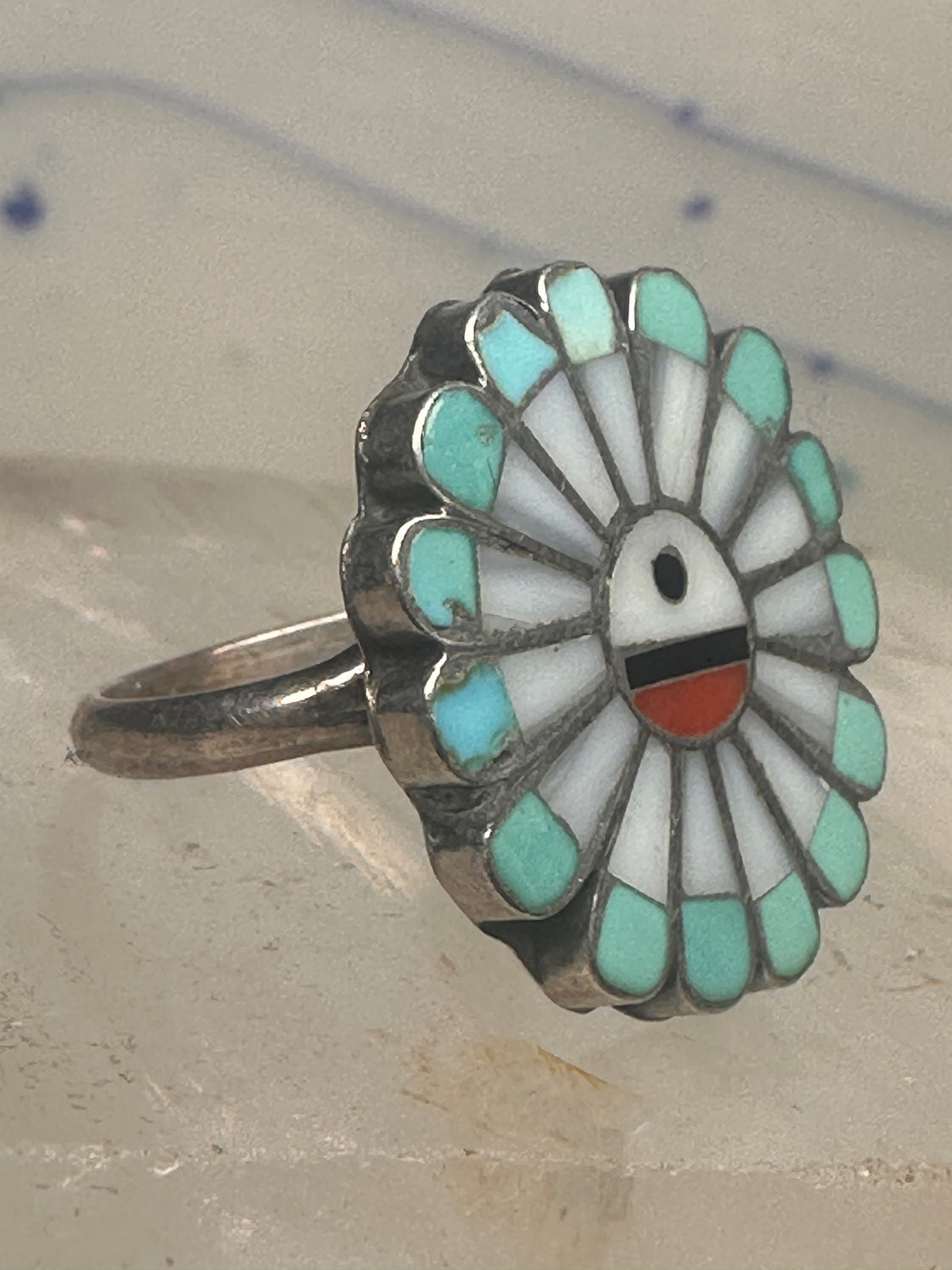 Vintage Southwestern Zuni Style Multi Stone Sunface Mosaic Inlay Ring Size 6 925