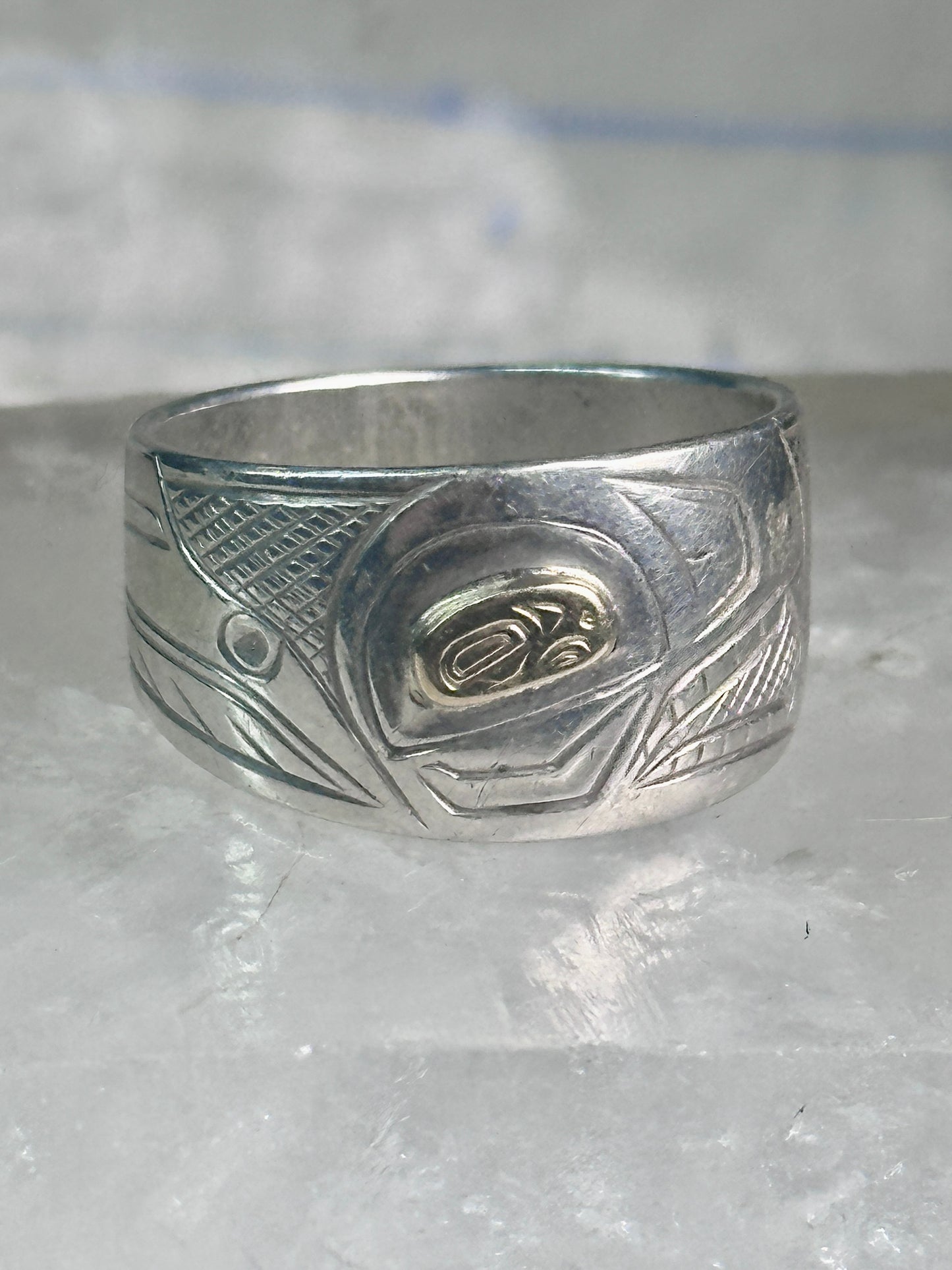 Pacific Northwest ring bird Thunderbird Raven band gold eye 14K sterling silver size 11 women men