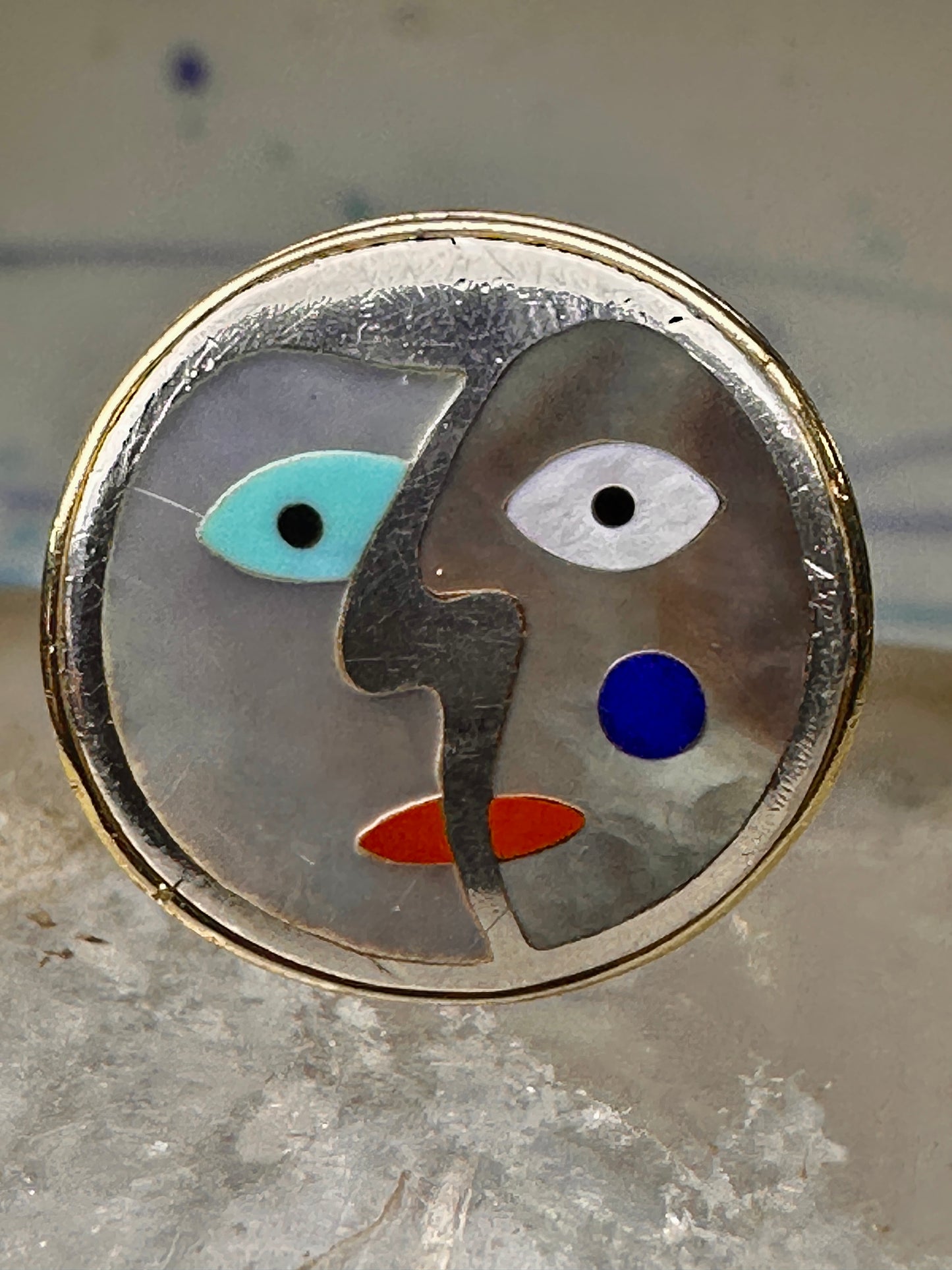 Face ring Eric Grossbardt size 7.50 sterling silver 18K Picasso design women