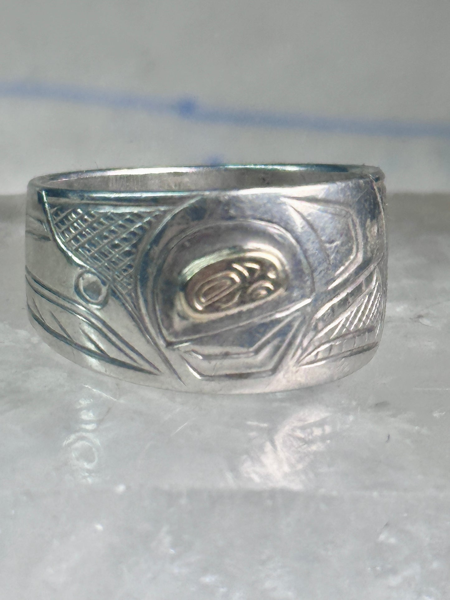 Pacific Northwest ring bird Thunderbird Raven band gold eye 14K sterling silver size 11 women men