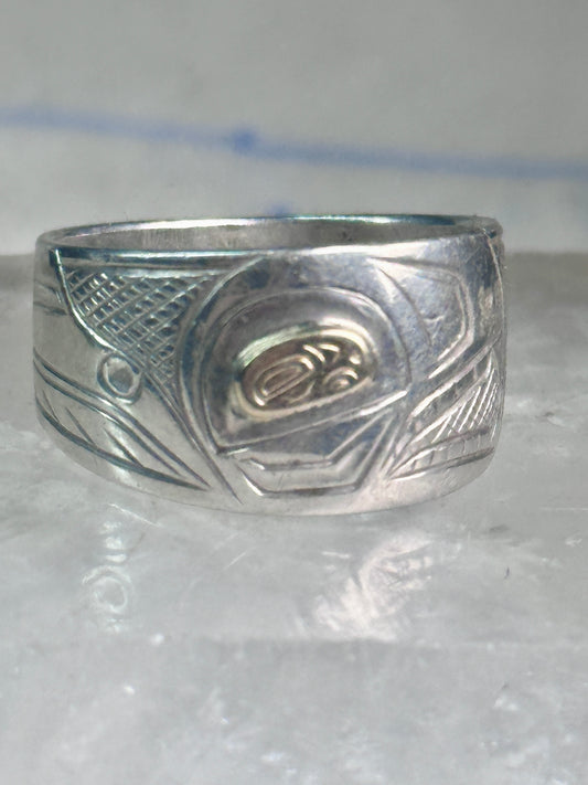 Pacific Northwest ring bird Thunderbird Raven band gold eye 14K sterling silver size 11 women men