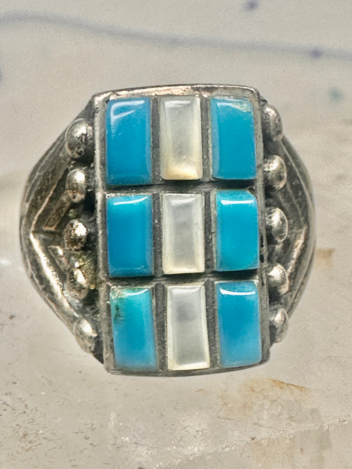 Vintage Sterling Silver Southwestern Turquoise Mother of Pearl Cobblestone Inlay Ring Size 8 925