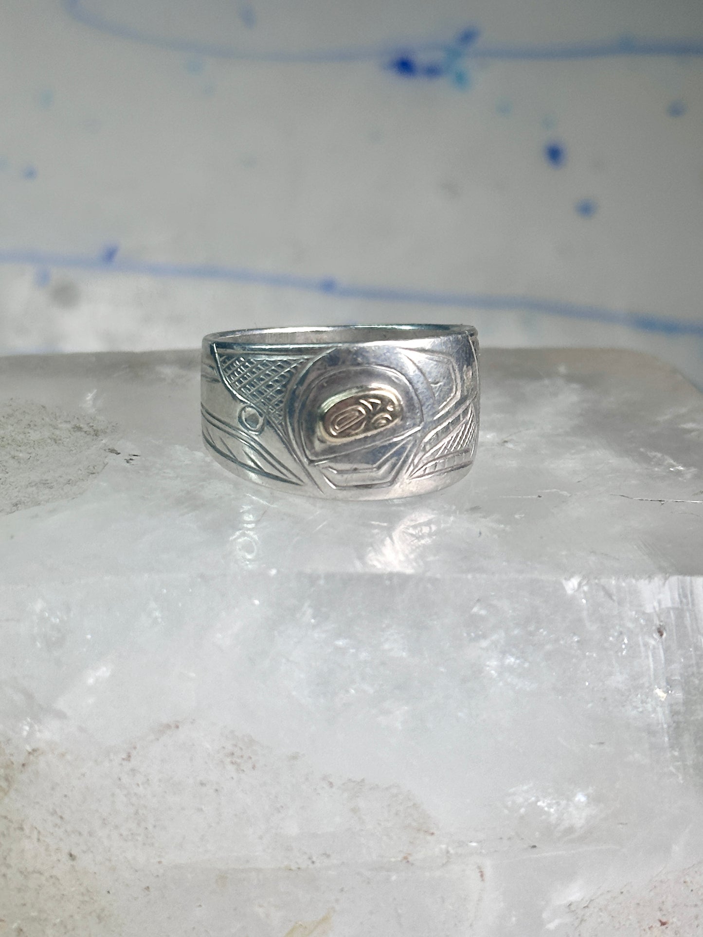 Pacific Northwest ring bird Thunderbird Raven band gold eye 14K sterling silver size 11 women men