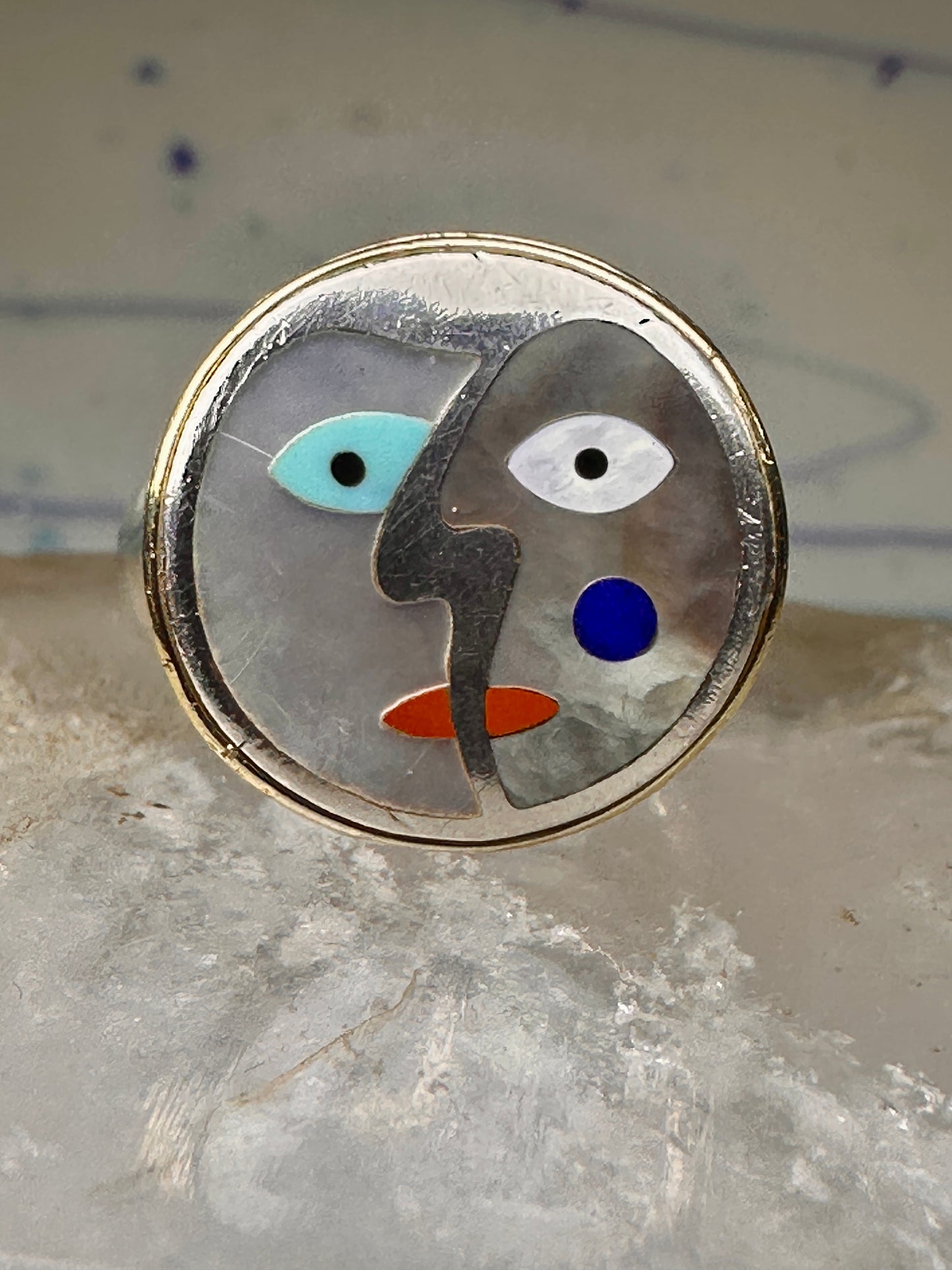 Face ring Eric Grossbardt size 7.50 sterling silver 18K Picasso design women