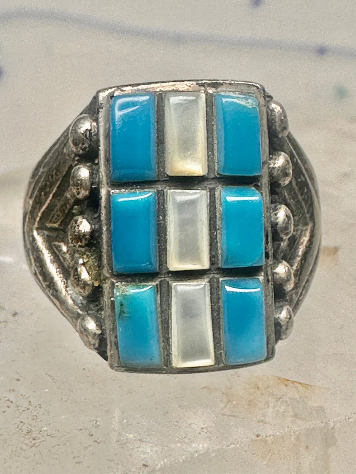 Vintage Sterling Silver Southwestern Turquoise Mother of Pearl Cobblestone Inlay Ring Size 8 925