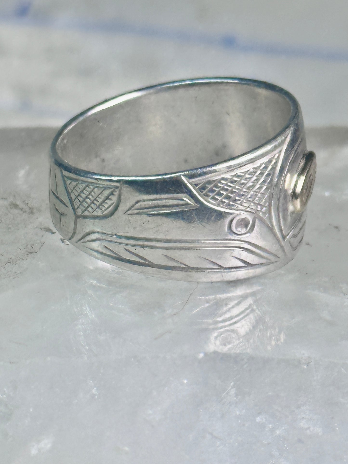 Pacific Northwest ring bird Thunderbird Raven band gold eye 14K sterling silver size 11 women men
