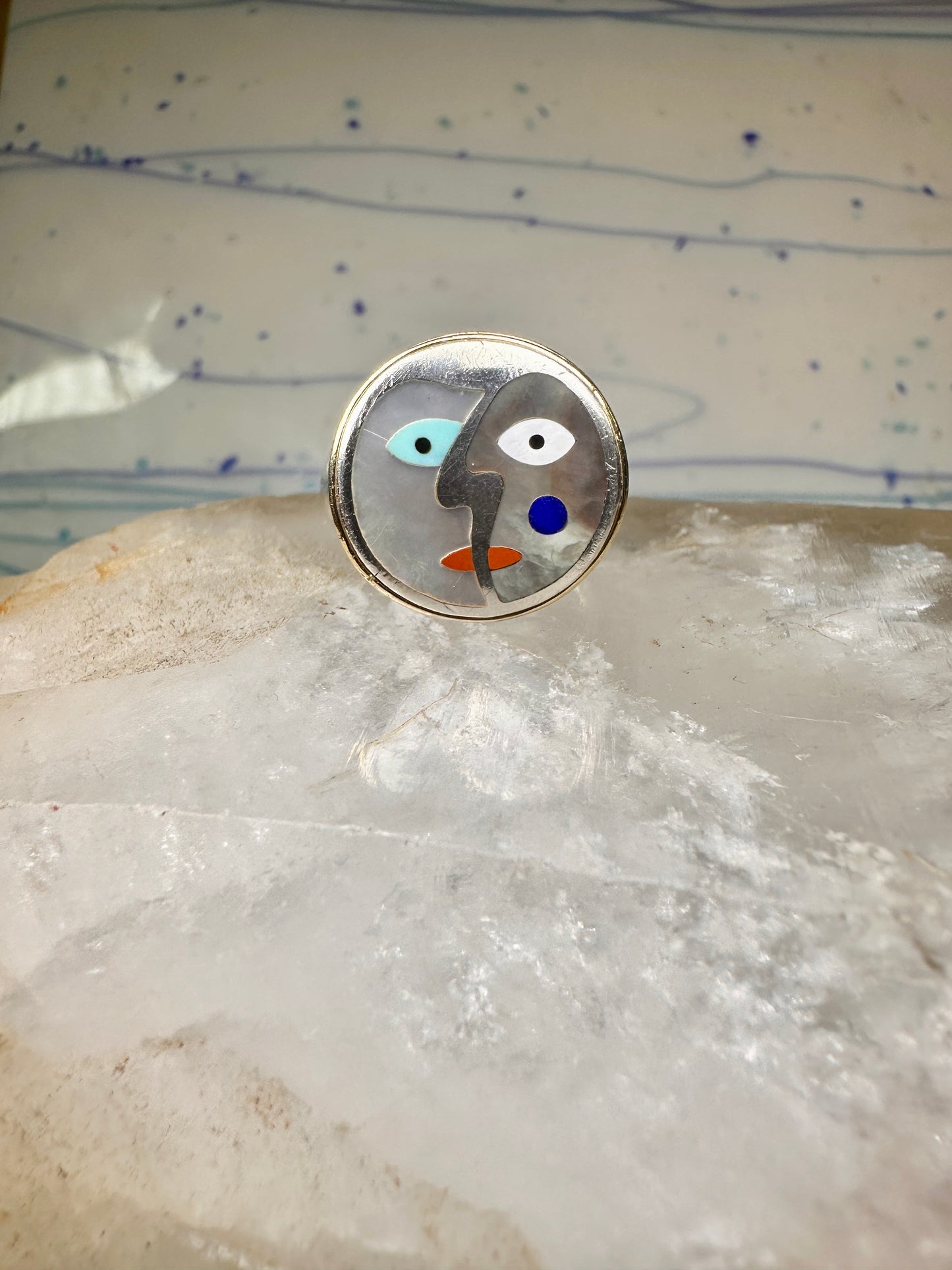 Face ring Eric Grossbardt size 7.50 sterling silver 18K Picasso design women