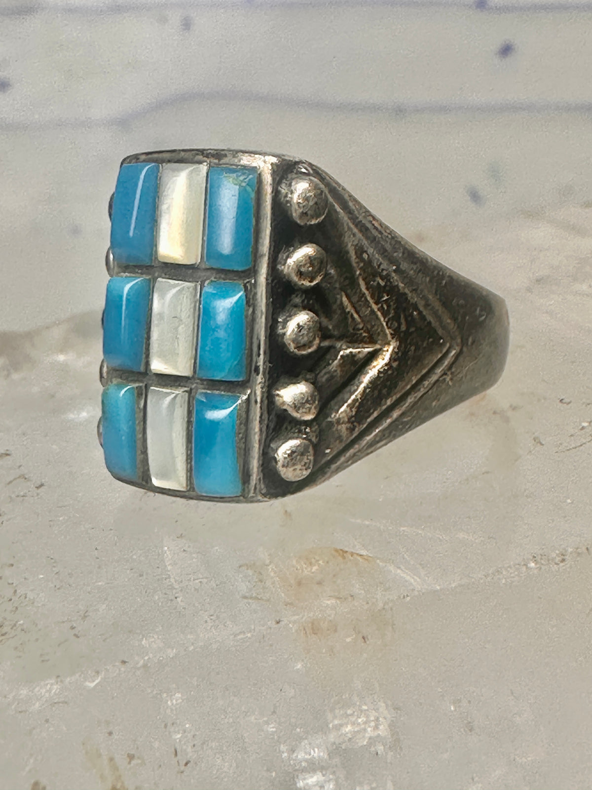 Vintage Sterling Silver Southwestern Turquoise Mother of Pearl Cobblestone Inlay Ring Size 8 925