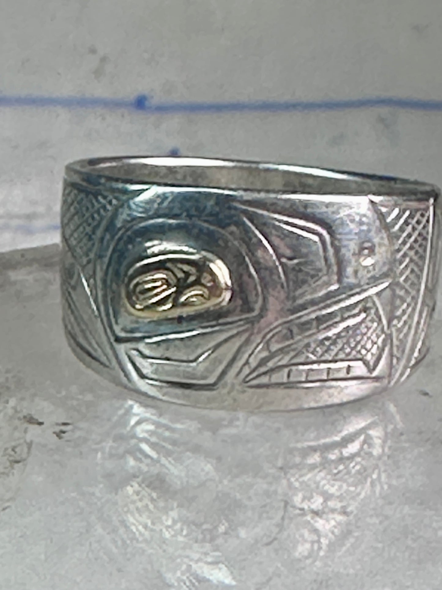 Pacific Northwest ring bird Thunderbird Raven band gold eye 14K sterling silver size 11 women men