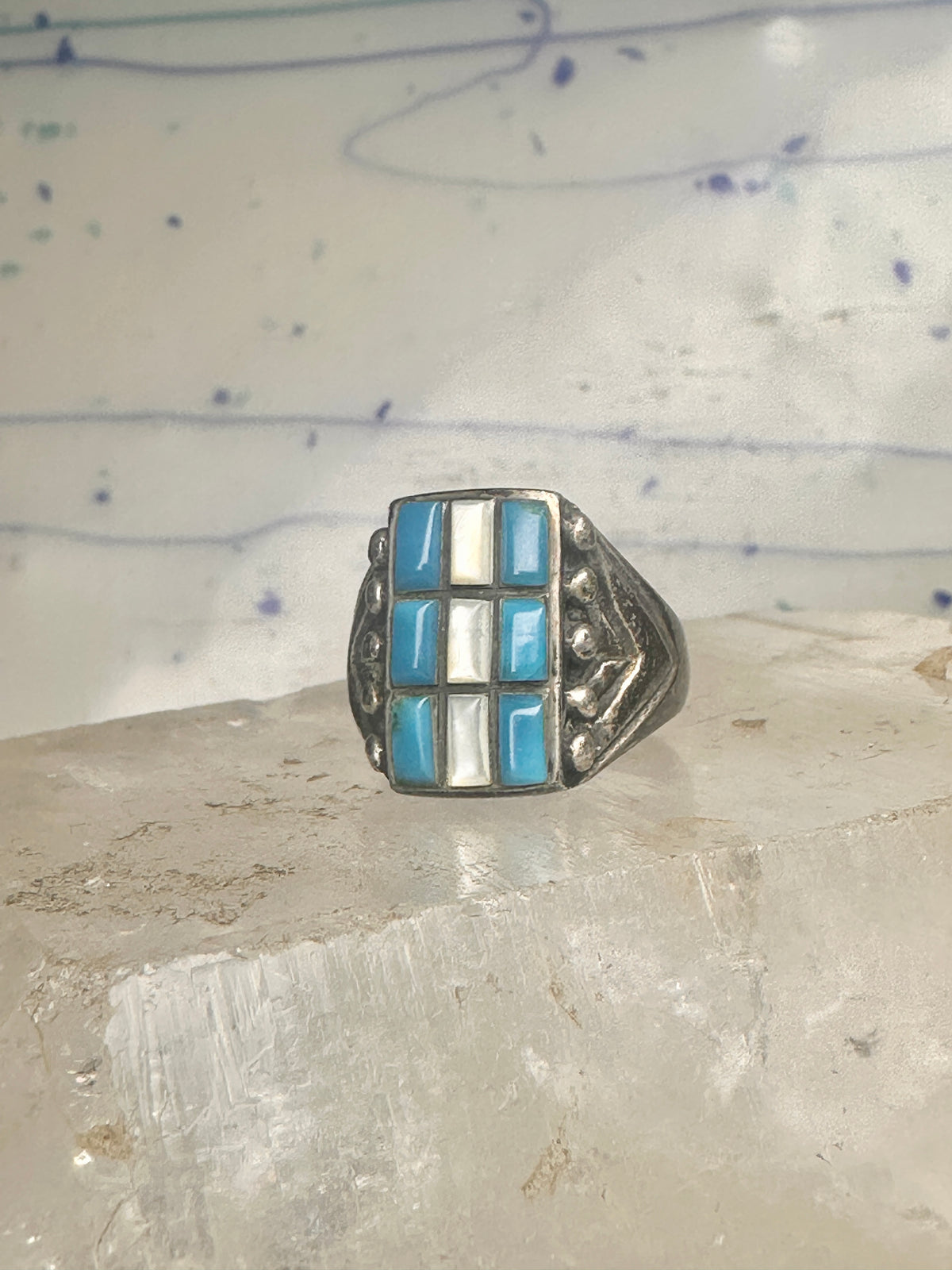 Vintage Sterling Silver Southwestern Turquoise Mother of Pearl Cobblestone Inlay Ring Size 8 925