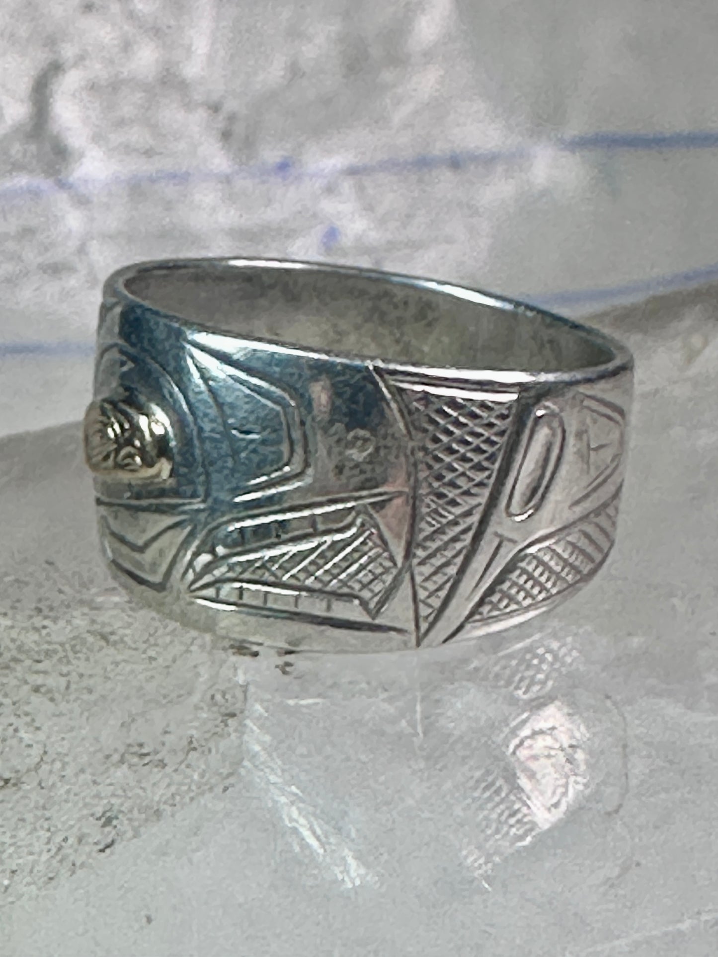 Pacific Northwest ring bird Thunderbird Raven band gold eye 14K sterling silver size 11 women men