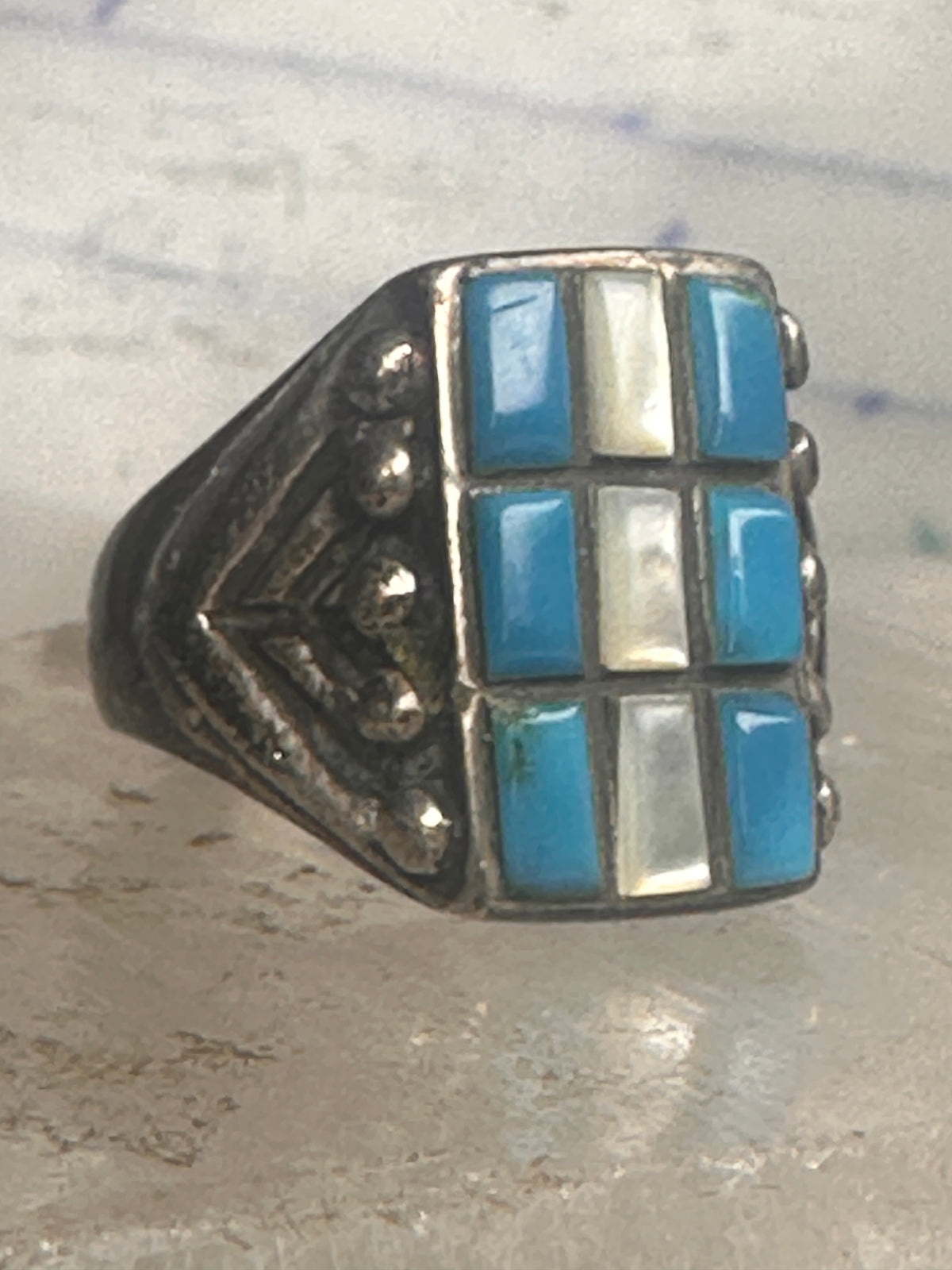 Vintage Sterling Silver Southwestern Turquoise Mother of Pearl Cobblestone Inlay Ring Size 8 925