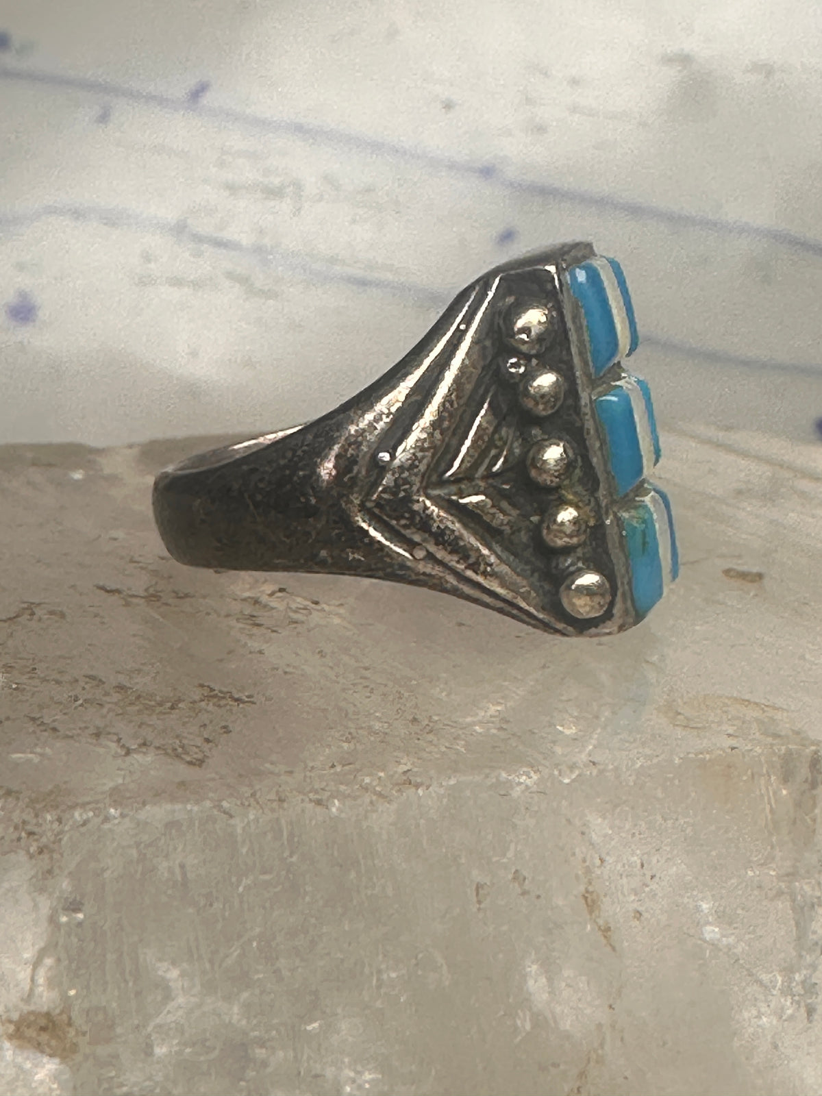 Vintage Sterling Silver Southwestern Turquoise Mother of Pearl Cobblestone Inlay Ring Size 8 925