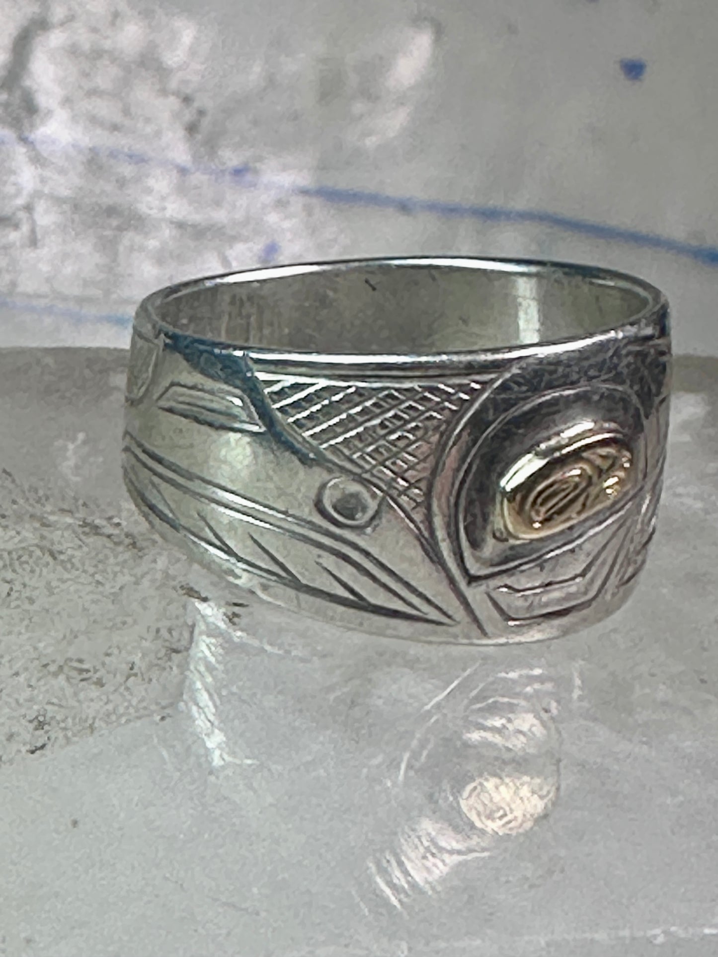 Pacific Northwest ring bird Thunderbird Raven band gold eye 14K sterling silver size 11 women men