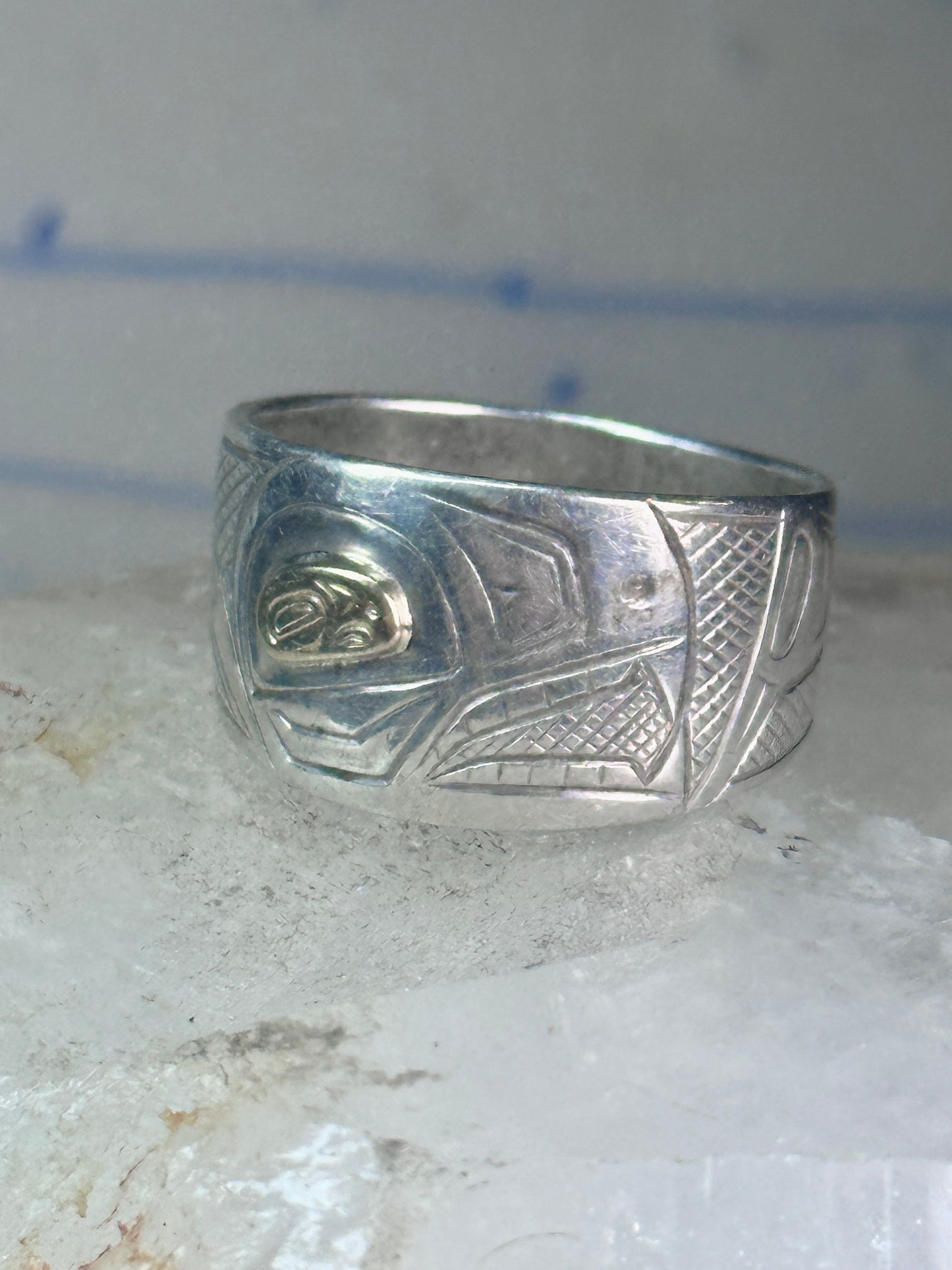 Pacific Northwest ring bird Thunderbird Raven band gold eye 14K sterling silver size 11 women men