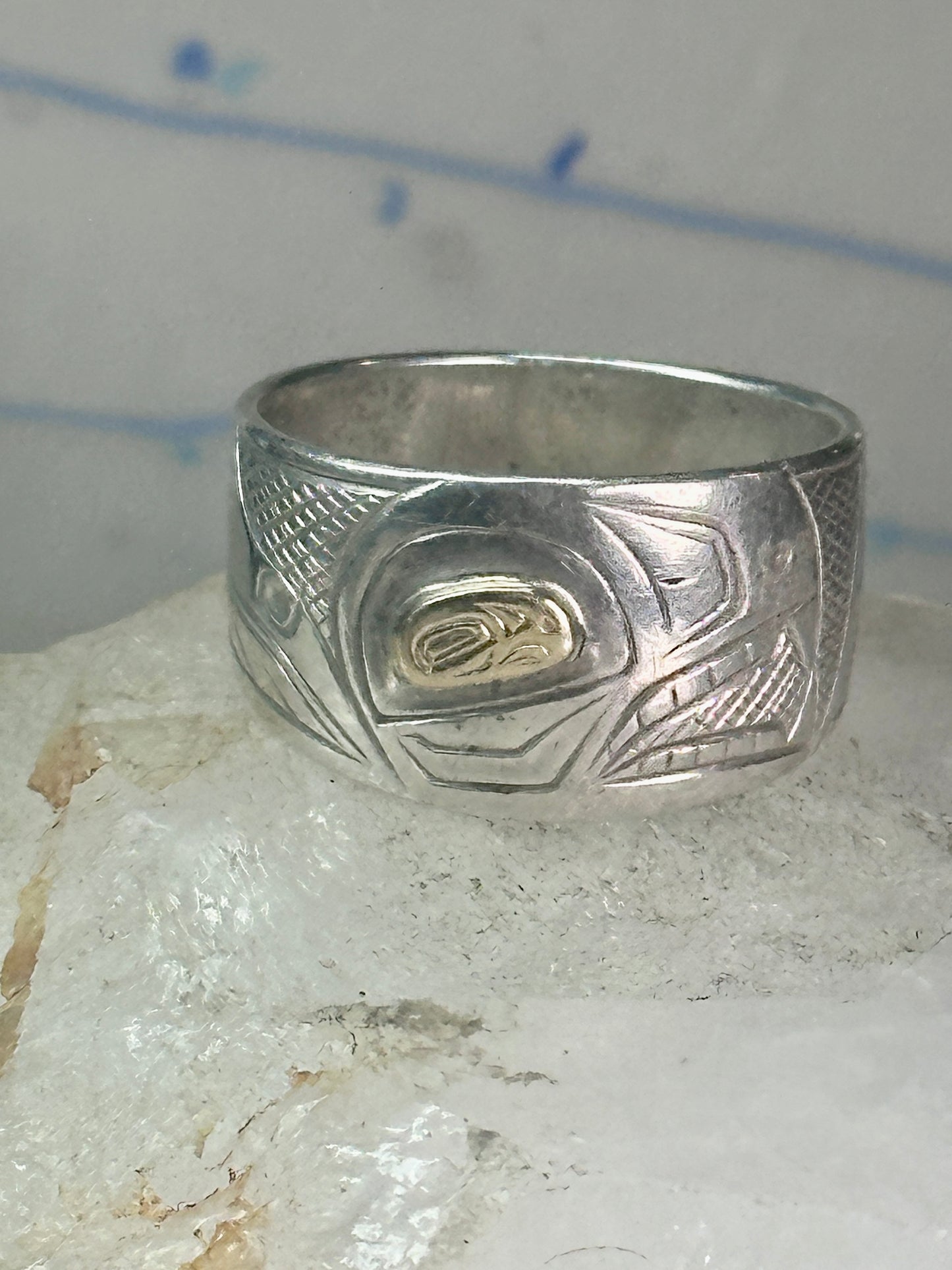 Pacific Northwest ring bird Thunderbird Raven band gold eye 14K sterling silver size 11 women men