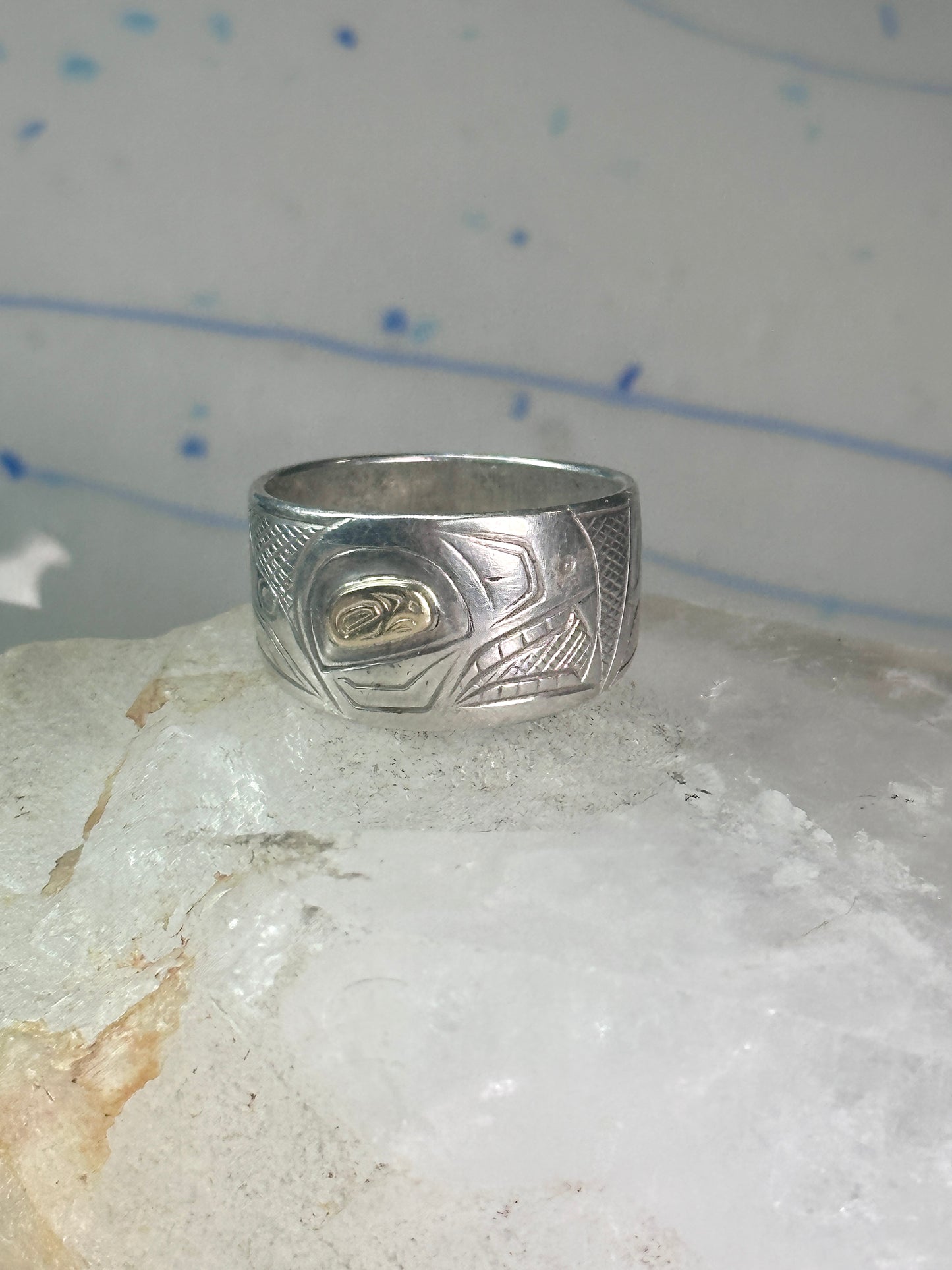 Pacific Northwest ring bird Thunderbird Raven band gold eye 14K sterling silver size 11 women men