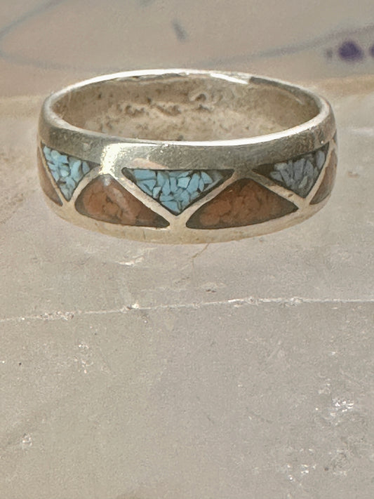 Zuni ring wedding band turquoise coral chips size 8 sterling silver women
