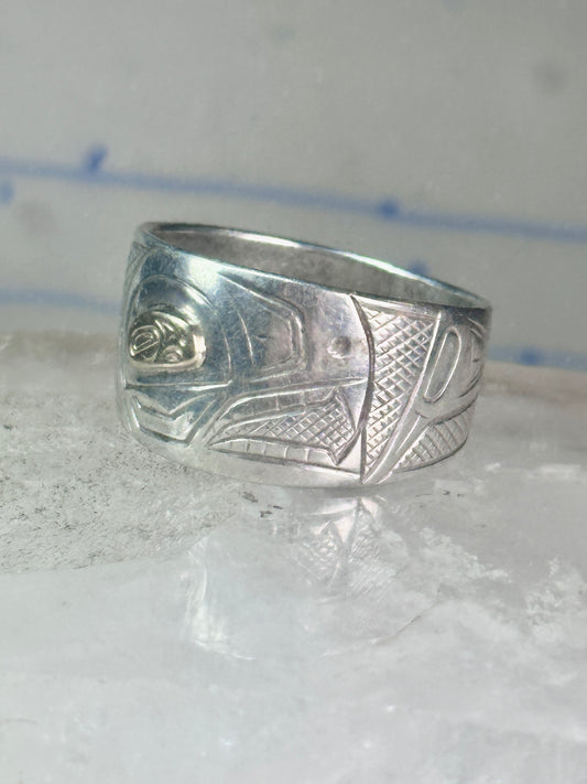 Pacific Northwest ring bird Thunderbird Raven band gold eye 14K sterling silver size 11 women men