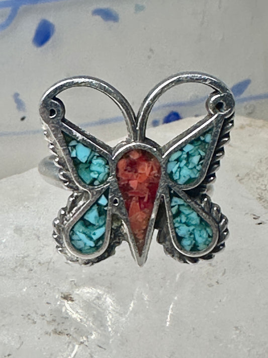 Butterfly ring southwest sterling silver turquoise coral chips size 4 girls women