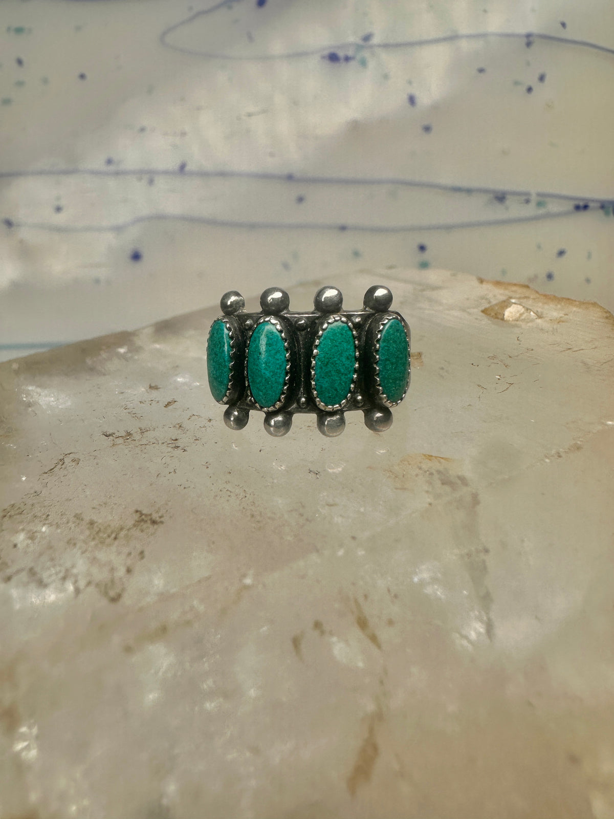 Vintage Sterling Silver Southwestern Four Stone Green Turquoise Row Ring Size 6.25 925
