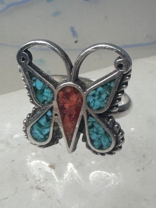 Butterfly ring southwest sterling silver turquoise coral chips size 4 girls women