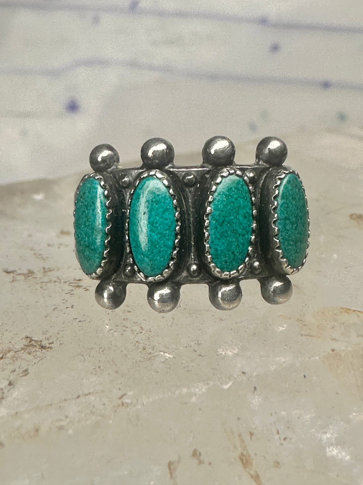 Vintage Sterling Silver Southwestern Four Stone Green Turquoise Row Ring Size 6.25 925