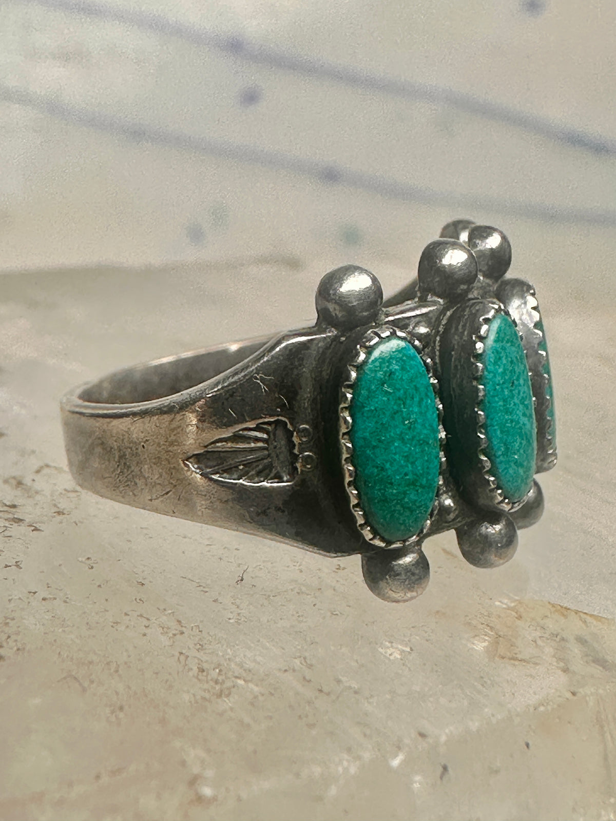 Vintage Sterling Silver Southwestern Four Stone Green Turquoise Row Ring Size 6.25 925