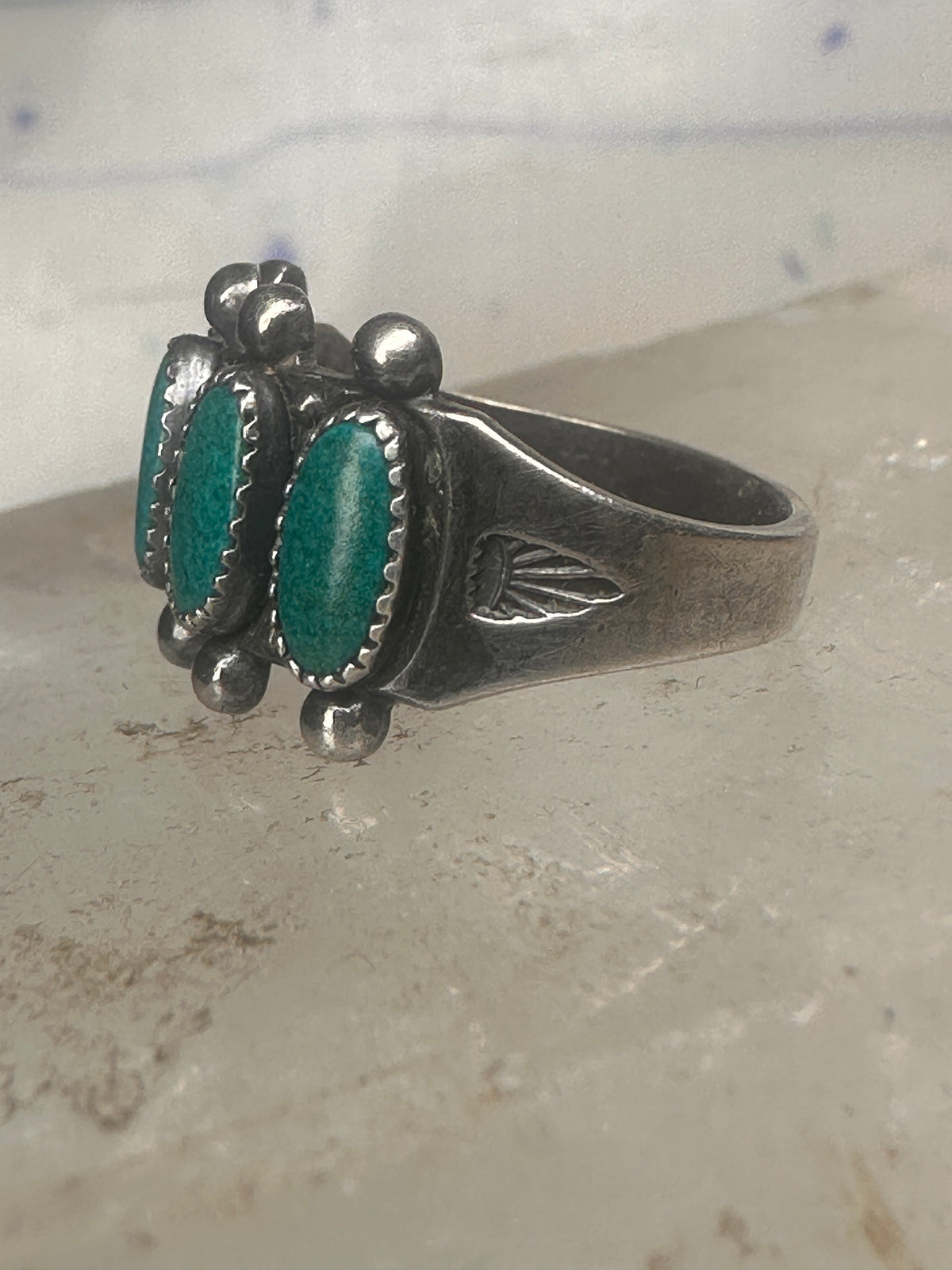 Vintage Sterling Silver Southwestern Four Stone Green Turquoise Row Ring Size 6.25 925
