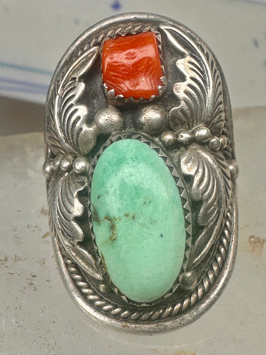Vintage Sterling Silver Navajo Style Turquoise Coral Leaf Applique Shield Ring Size 11 925