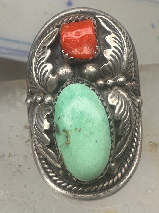 Vintage Sterling Silver Navajo Style Turquoise Coral Leaf Applique Shield Ring Size 11 925